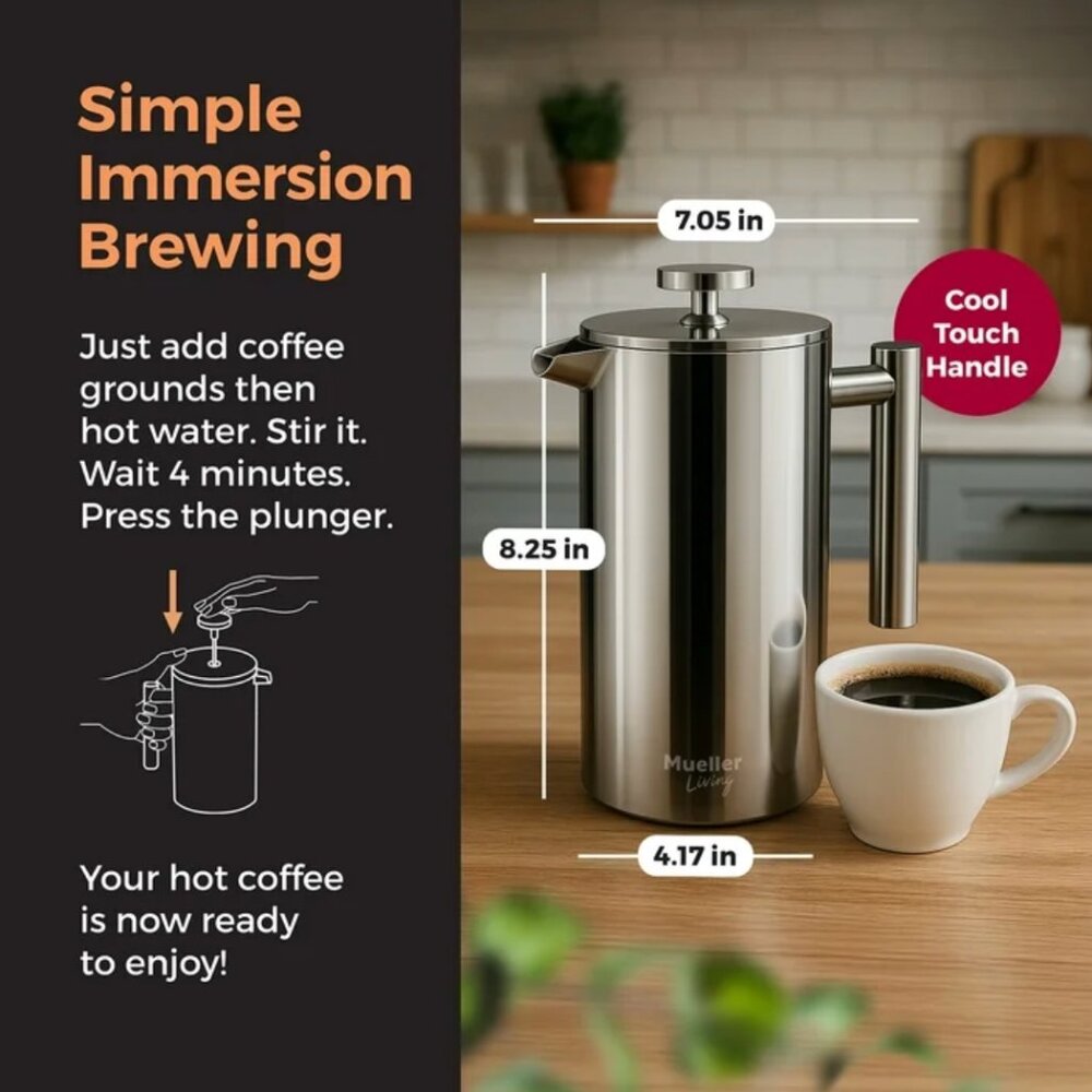 Mueller Living French Press Coffee Maker 34oz, Stainless Steel, Double Insulated - Picture 5 of 10